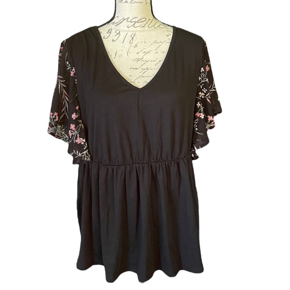 Bloomchic Black V Neck Front Flutter Floral Sleeve Shirt Plus Size 14-16